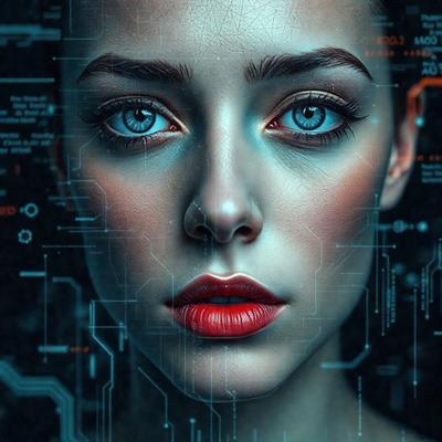 The primary subject of the image is a woman with blue eyes, red lips, and a pink cheek. She is wearing a red lipstick and has a blue eye shadow. The setting is a futuristic environment, with a background of a blue and orange grid. The visual style is a digital art, illustration, or drawing, creating a unique and captivating image. The colors and mood of the image are vibrant and bold, with the woman's red lips and blue eyes standing out against the